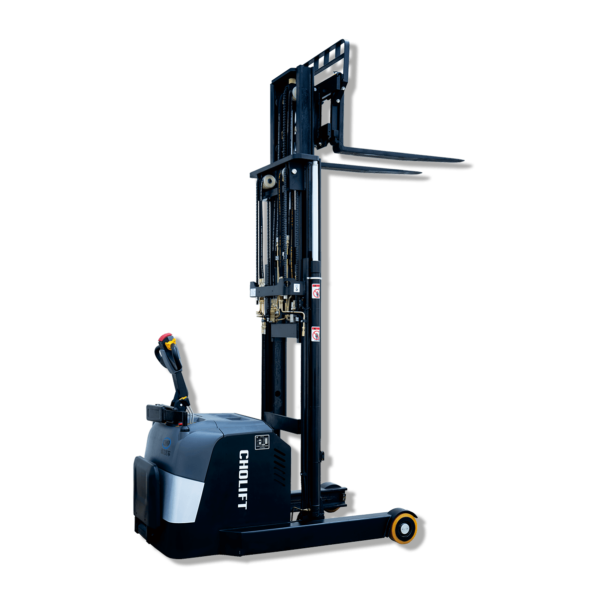 How do full-electric stackers maneuver in tight spaces?