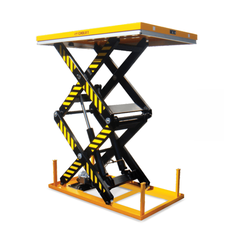 What are the primary components of a scissor lift table, and how do they work together to achieve vertical movement?