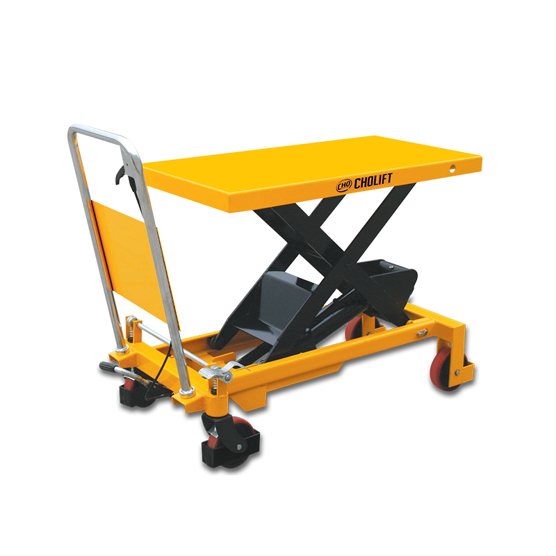 What are the different lifting heights and platform sizes available for scissor lift tables?