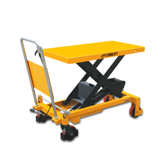 What are the different lifting heights and platform sizes available for scissor lift tables?